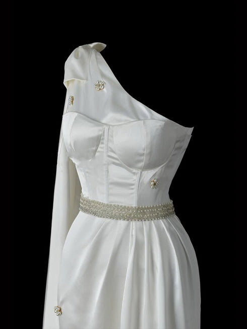 White Satin One Shoulder Gown - Embellished Evening Dress - Satin Formal Dress Long Plus Size